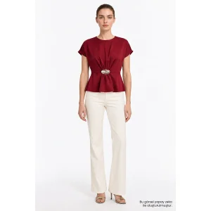 Crew Neck Metal Buckle Draped Burgundy Blouse - 1