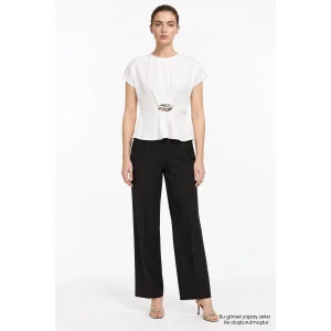 Crew Neck Metal Buckle Draped Cream Blouse - 1