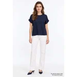 Satin Finish Navy Blue Crew Neck Blouse - 1