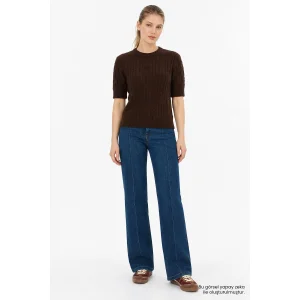 Crew Neck Cable Knit Regular Brown Blouse - 1