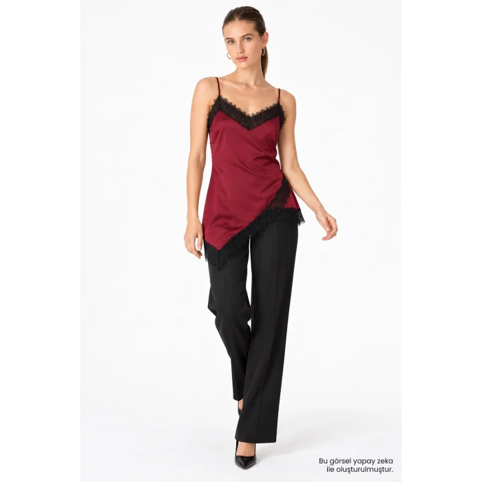 Asymmetric Lace Detail Burgundy Satin Blouse - 2