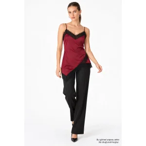 Lace Detailed Asymmetric Satin Burgundy Blouse - 2