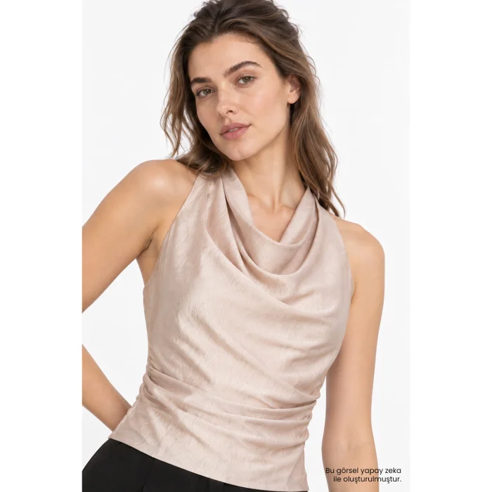 Cowl Neck Side Ruched Draped Beige Blouse - 6