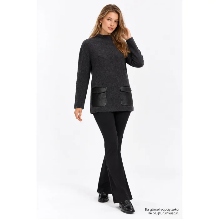 Leather Pocket Detail Regular Anthracite Knit Blouse - 2