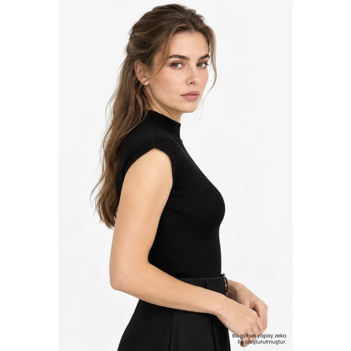 High Neck Sleeveless Regular Knit Black Blouse - 5