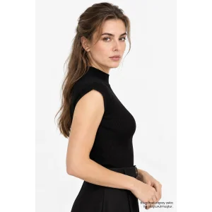 Mock Neck Sleeveless Regular Knit Black Blouse - 5