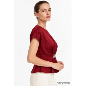 Crew Neck Metal Buckle Draped Burgundy Blouse - 4