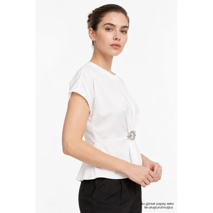 Crew Neck Metal Buckle Draped Cream Blouse - 4