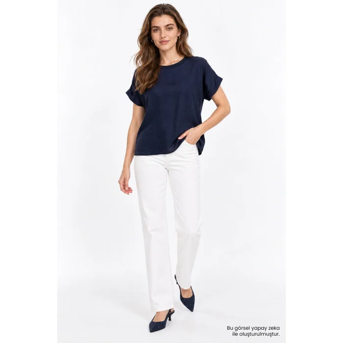 Satin Finish Ribbed Navy Blue Blouse - 2