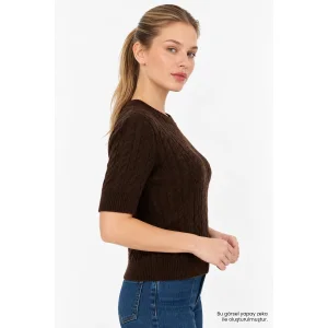 Crew Neck Cable Knit Regular Brown Blouse - 5