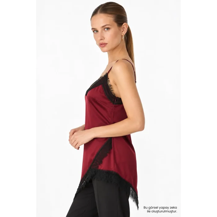 Burgundy Satin Asymmetric Lace Blouse - 5