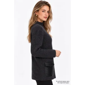 Leather Pocket Garnish Regular Anthracite Knit Blouse - 5