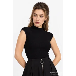 High Neck Sleeveless Regular Knit Black Blouse - 6