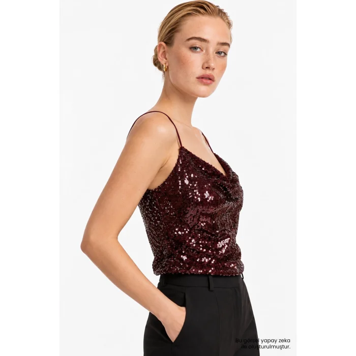 Sequin Cowl Neck Burgundy Blouse - 6