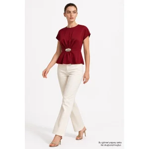Burgundy Round Neck Draped Blouse with Metal Buckle - 2