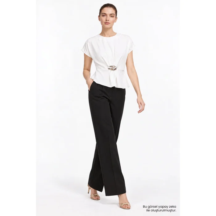 Crew Neck Metal Buckle Draped Cream Blouse - 2