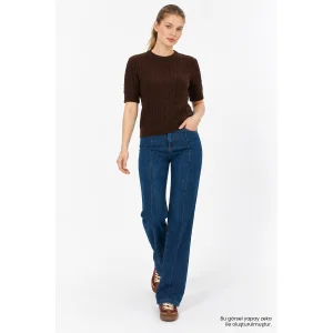 Crew Neck Cable Knit Regular Brown Blouse - 2