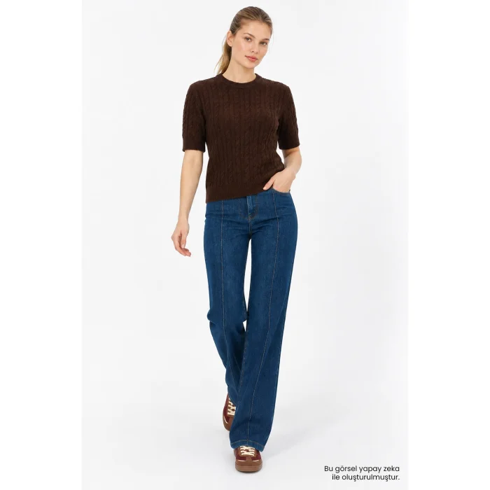 Crew Neck Cable Knit Regular Brown Blouse - 2