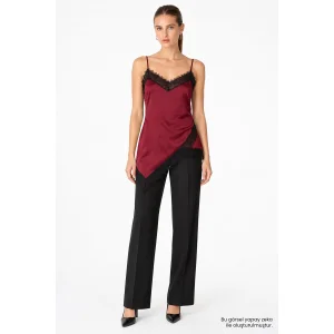 Burgundy Satin Asymmetric Lace Blouse - 1