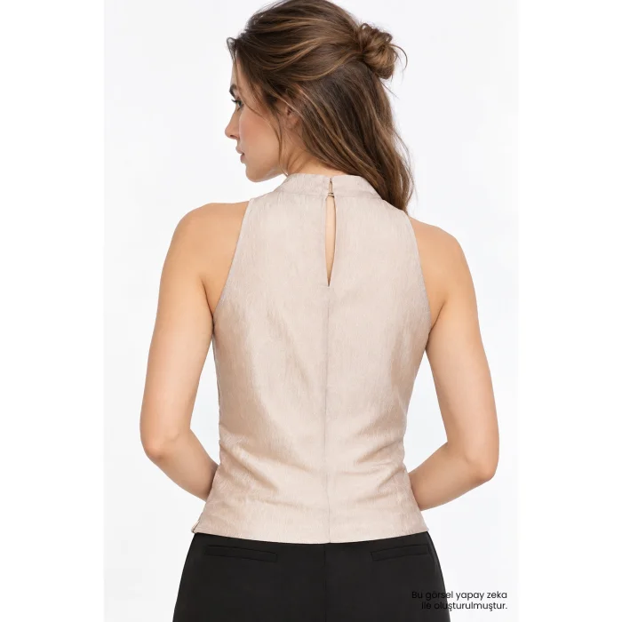Cowl Neck Ruched Draped Beige Blouse - 5