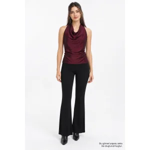 Cowl Neck Side Ruched Draped Burgundy Blouse - 1
