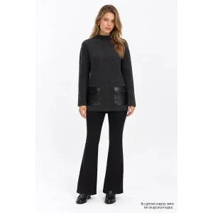 Leather Trim Anthracite Knit Blouse - 1