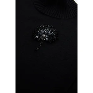 Hand-Crafted Appliqué Drop Shoulder Black Knit Blouse - 5
