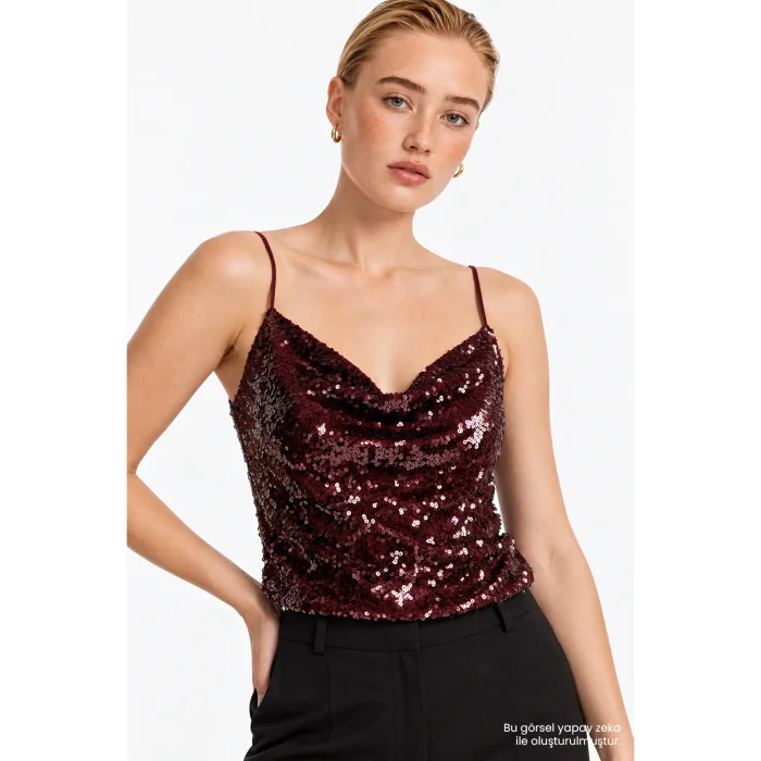 Burgundy Cowl Neck Sequin Blouse - 4