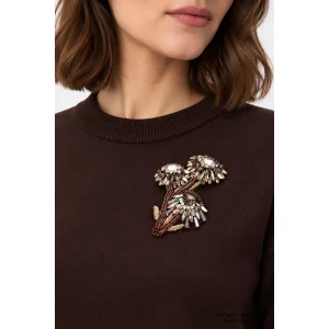 Applique Crew Neck Regular Brown Knit Blouse - 6