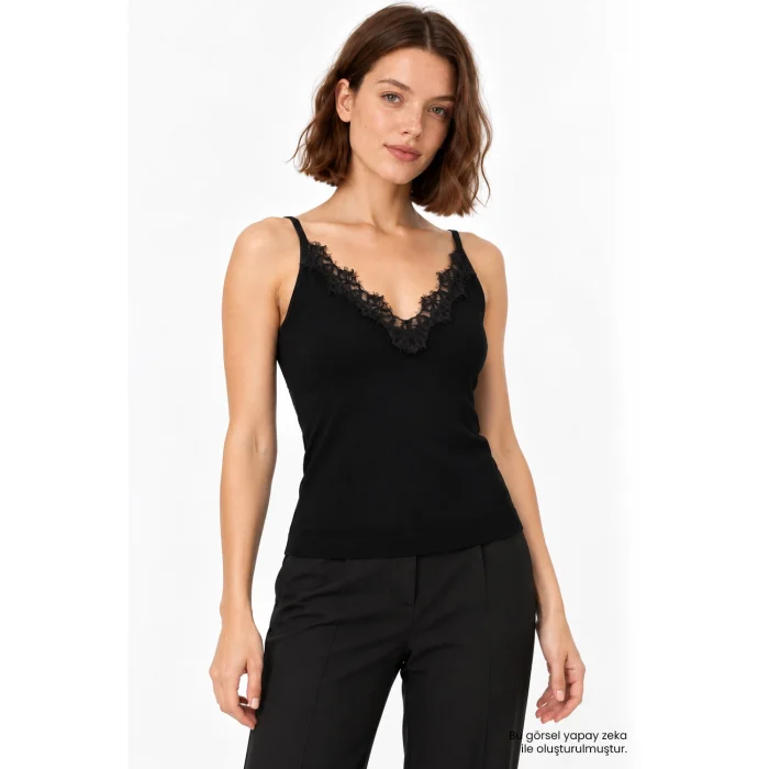 Lace Trim Strappy Knit Blouse - 3