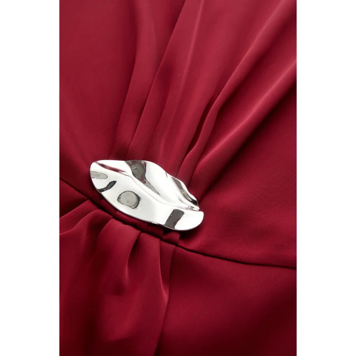 Burgundy Round Neck Draped Blouse with Metal Buckle - 5
