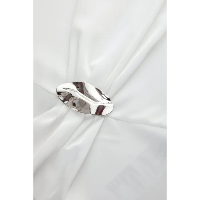 Metal Buckle Draped Cream Blouse - 5