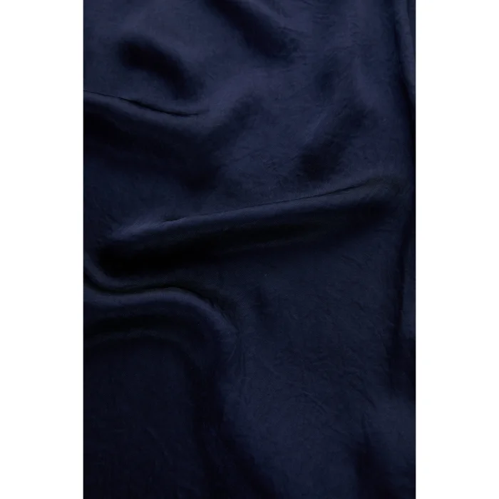 Ribbed Crew Neck Satin Finish Regular Navy Blue Blouse - 6