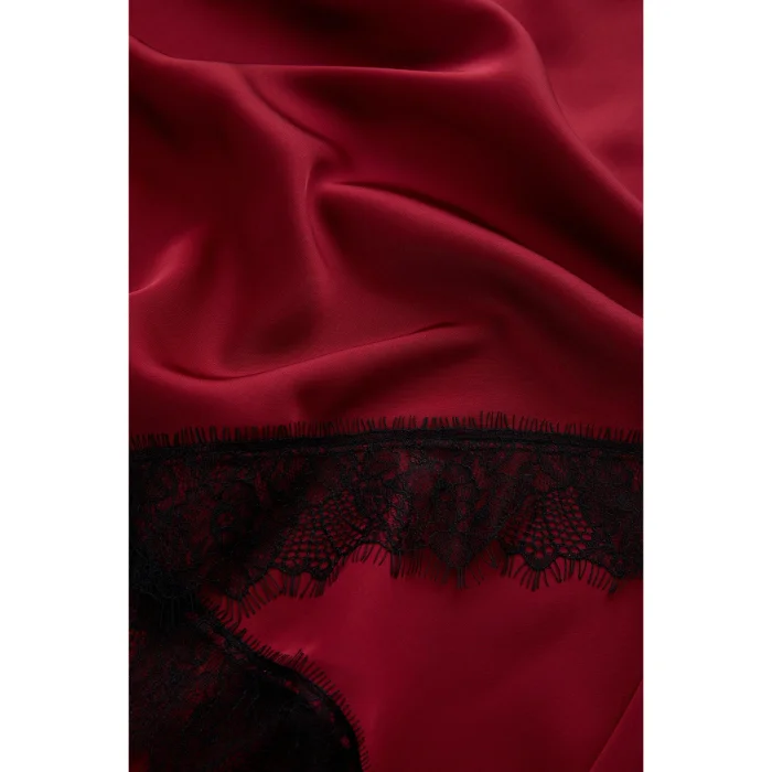 Asymmetric Lace Detail Burgundy Satin Blouse - 6