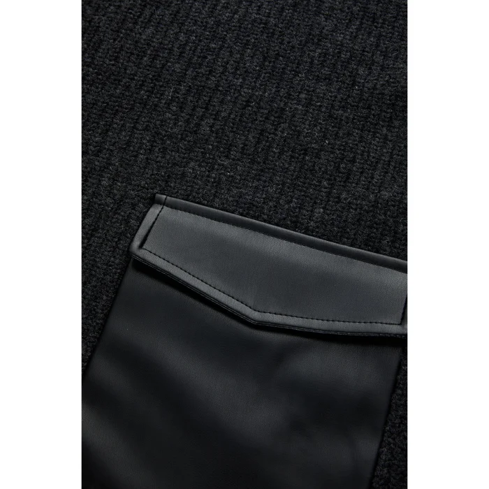 Leather Trim Anthracite Knit Blouse - 6