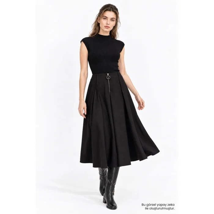 Mock Neck Sleeveless Regular Knit Black Blouse - 2
