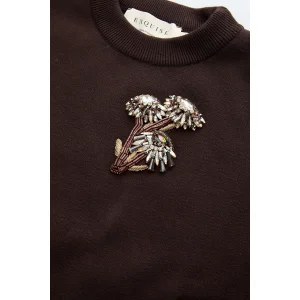 Appliqué Crew Neck Regular Brown Knit Blouse - 6