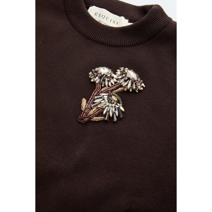 Appliqué Crew Neck Regular Brown Knit Blouse - 6