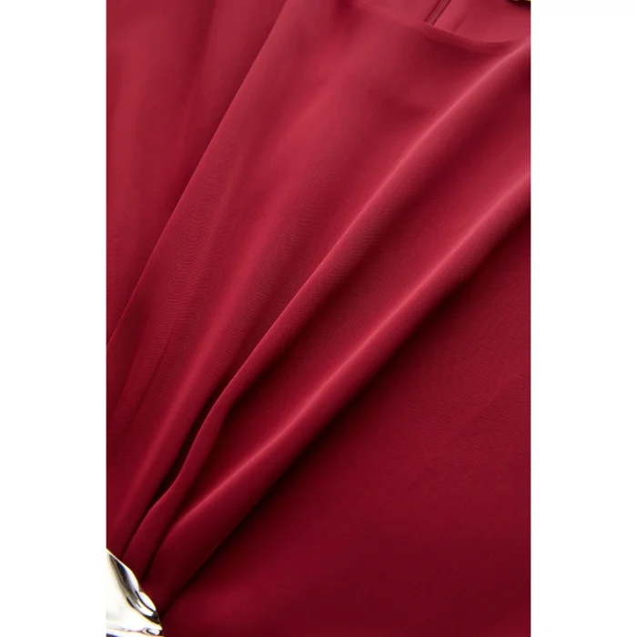 Burgundy Round Neck Draped Blouse with Metal Buckle - 6