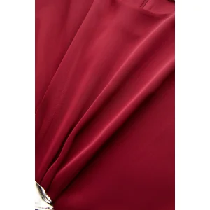 Metal Buckle Draped Flounced Burgundy Blouse - 6
