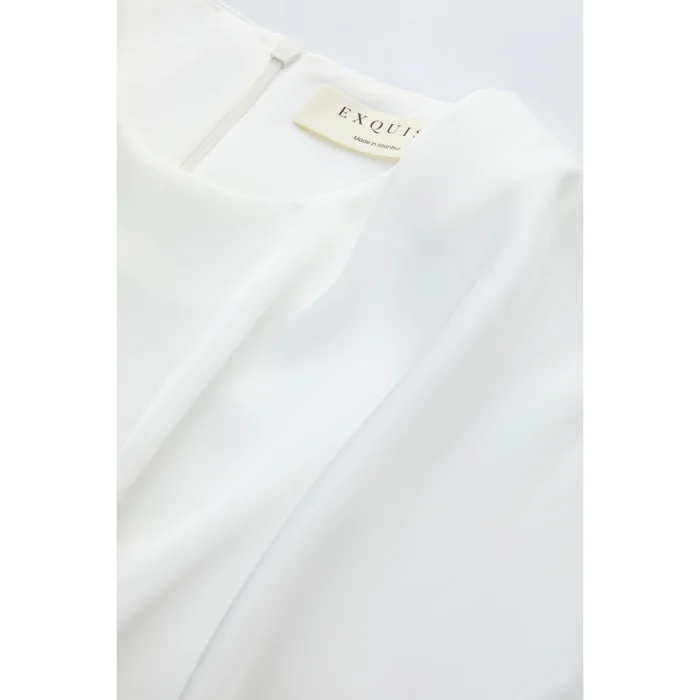 Crew Neck Metal Buckle Draped Cream Blouse - 6