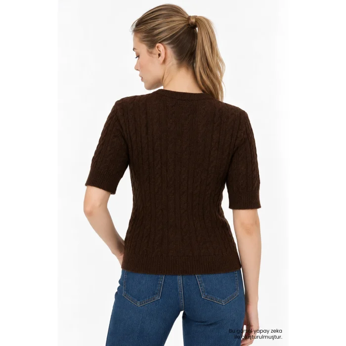 Crew Neck Cable Knit Regular Brown Blouse - 4