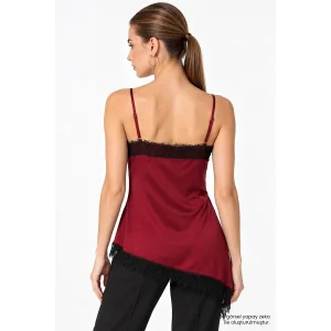 Asymmetric Lace Detail Burgundy Satin Blouse - 4