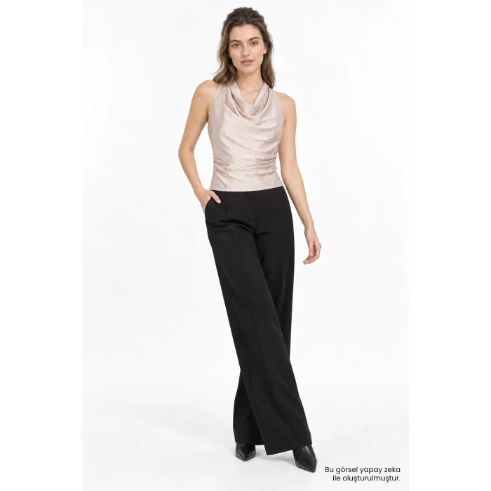 Cowl Neck Side Ruched Draped Beige Blouse - 2