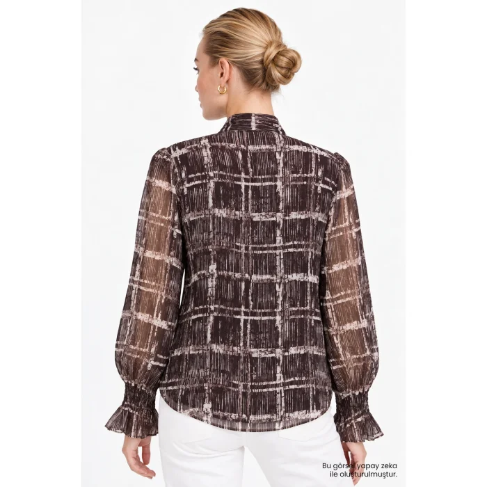 Smocked Cuff Scarf Detail Brown Blouse - 4