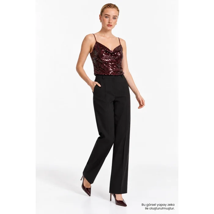 Sequin Embellished Cowl Neck Burgundy Blouse with Thin Straps - 3