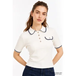 Polo Collar Slim Fit Ecru Knit Blouse - 3