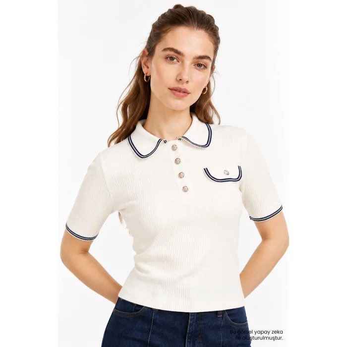 Slim Fit Polo Collar Ecru Knit Blouse - 3