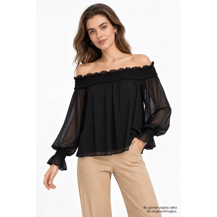 Smocked Ruffle Detail Chiffon Black Blouse - 2