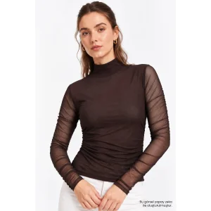 Ribbed Turtleneck Transparent Knit Brown Blouse - 3